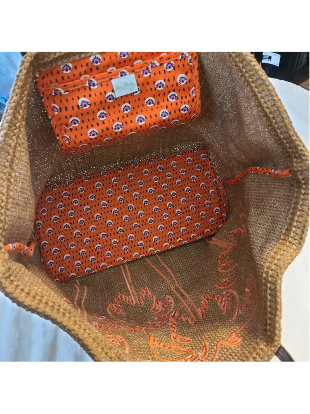 Vera Bradley Straw Large Tote Orange Applique Palm Tree Design Travel Beach Bag